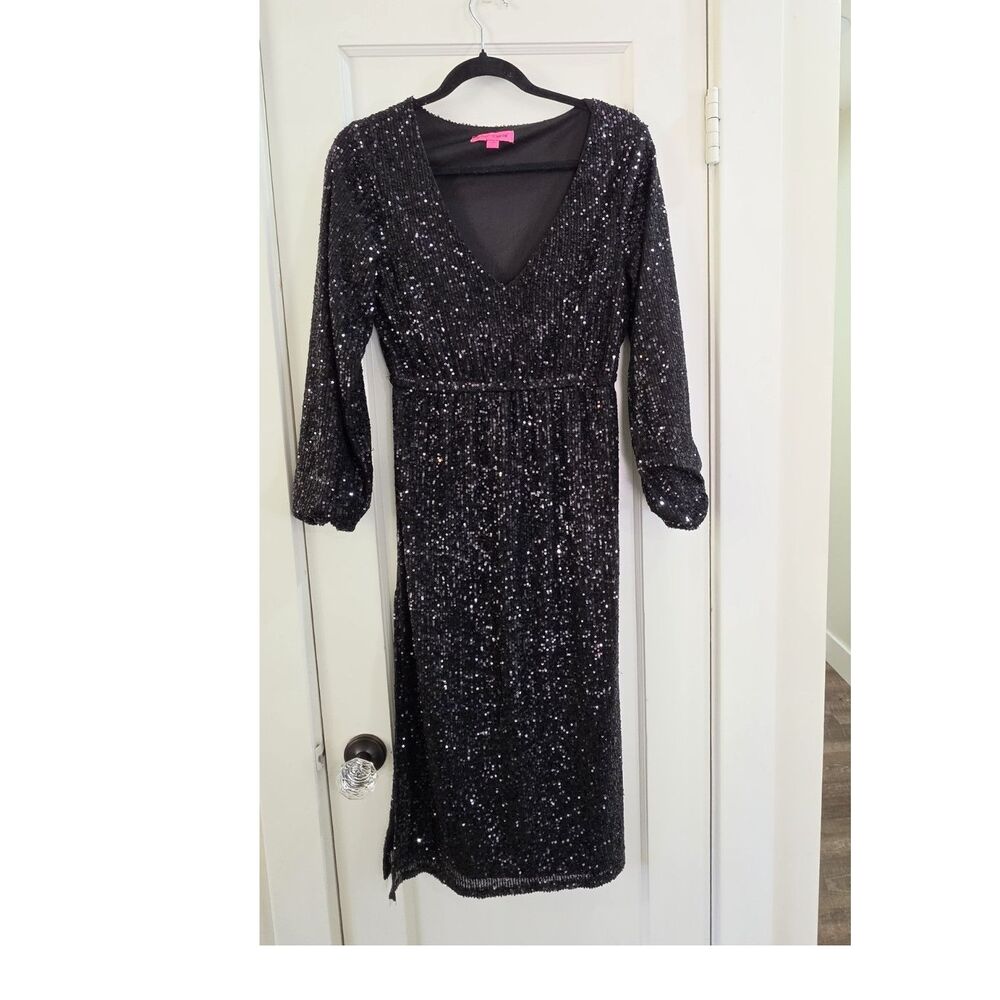 Betsey Johnson Black Sequin Midi Cocktail Dress V-Neck 3/4 Sleeve Size M